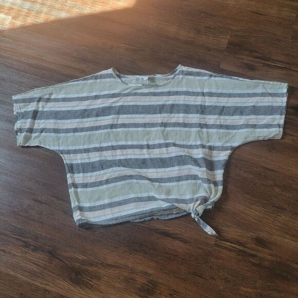 Beach Lunch Lounge Top Short Sleeve Tie Front Linen/Cotton Striped Size S/P - Picture 1 of 7